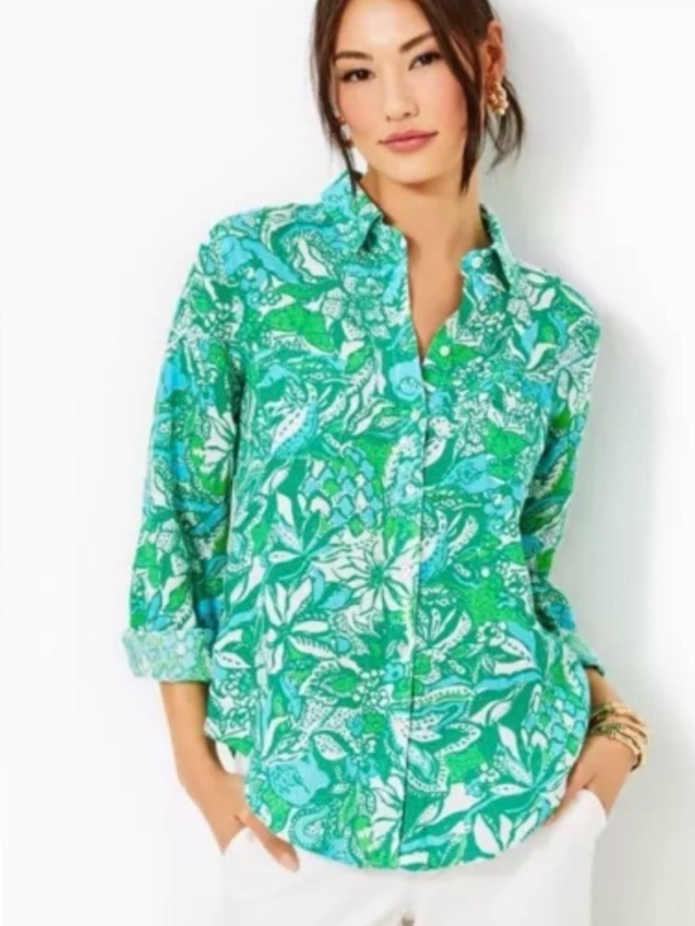 Lilly Pulitzer Botanical Green Safari Sea View Collared Button-Down Shirt. XXS